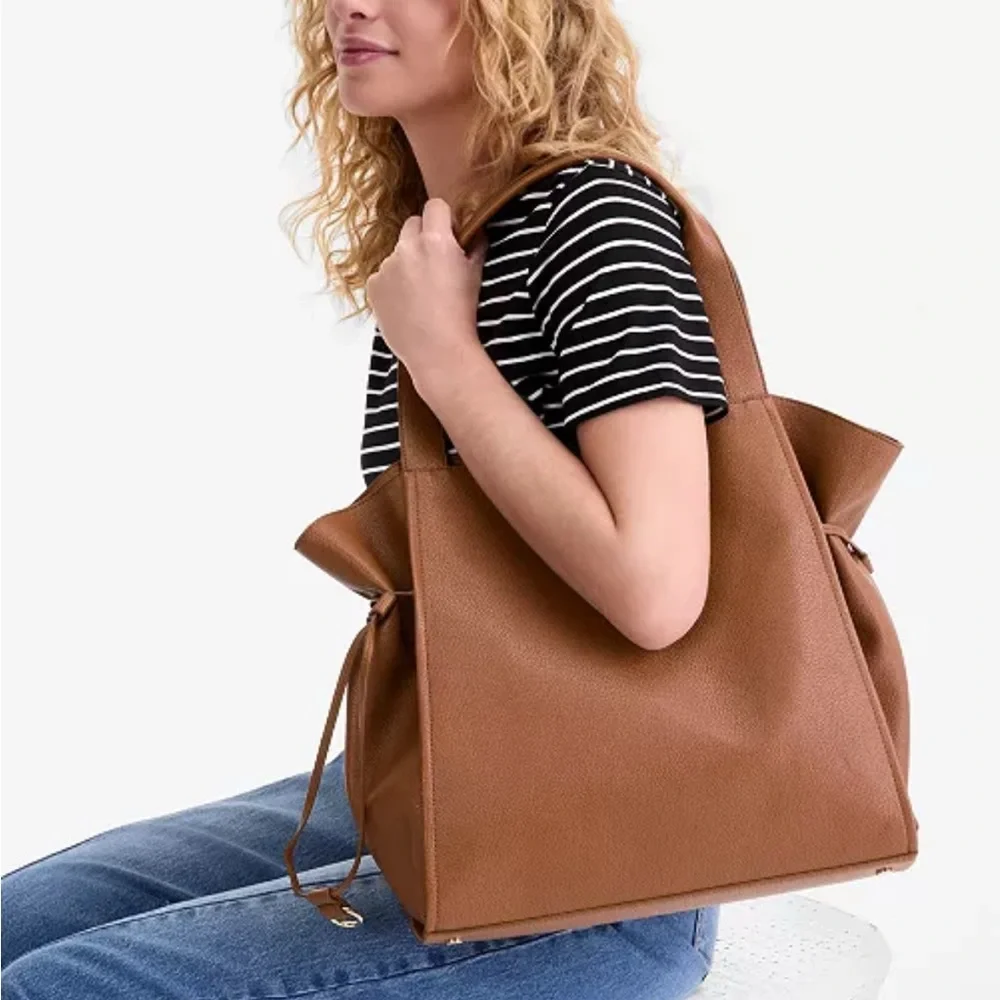 On 34th Tan Leather Tote Bag with Zip Pouch